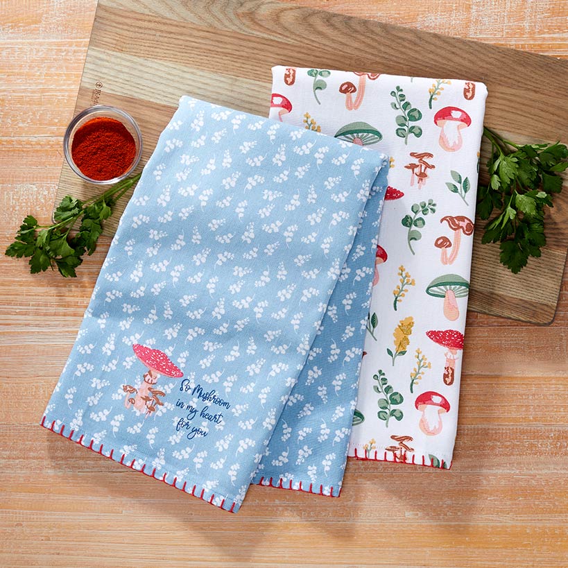 Spring Mushroom Set of 2 Kitchen Towels or Oven Mitt and Potholder Set