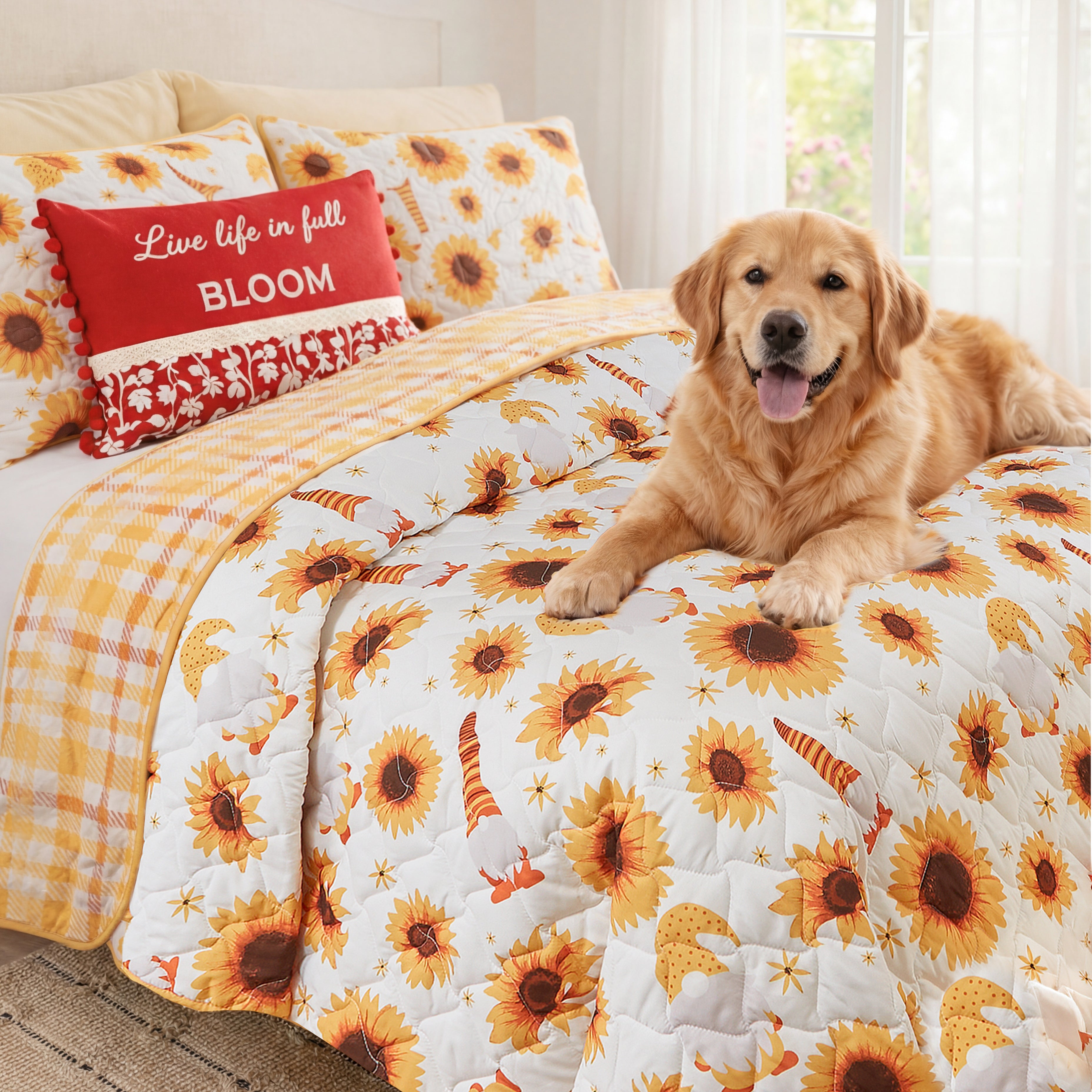 Sunflowers and Gnomes Full/Queen or King Quilt, Sham, or Accent Pillow