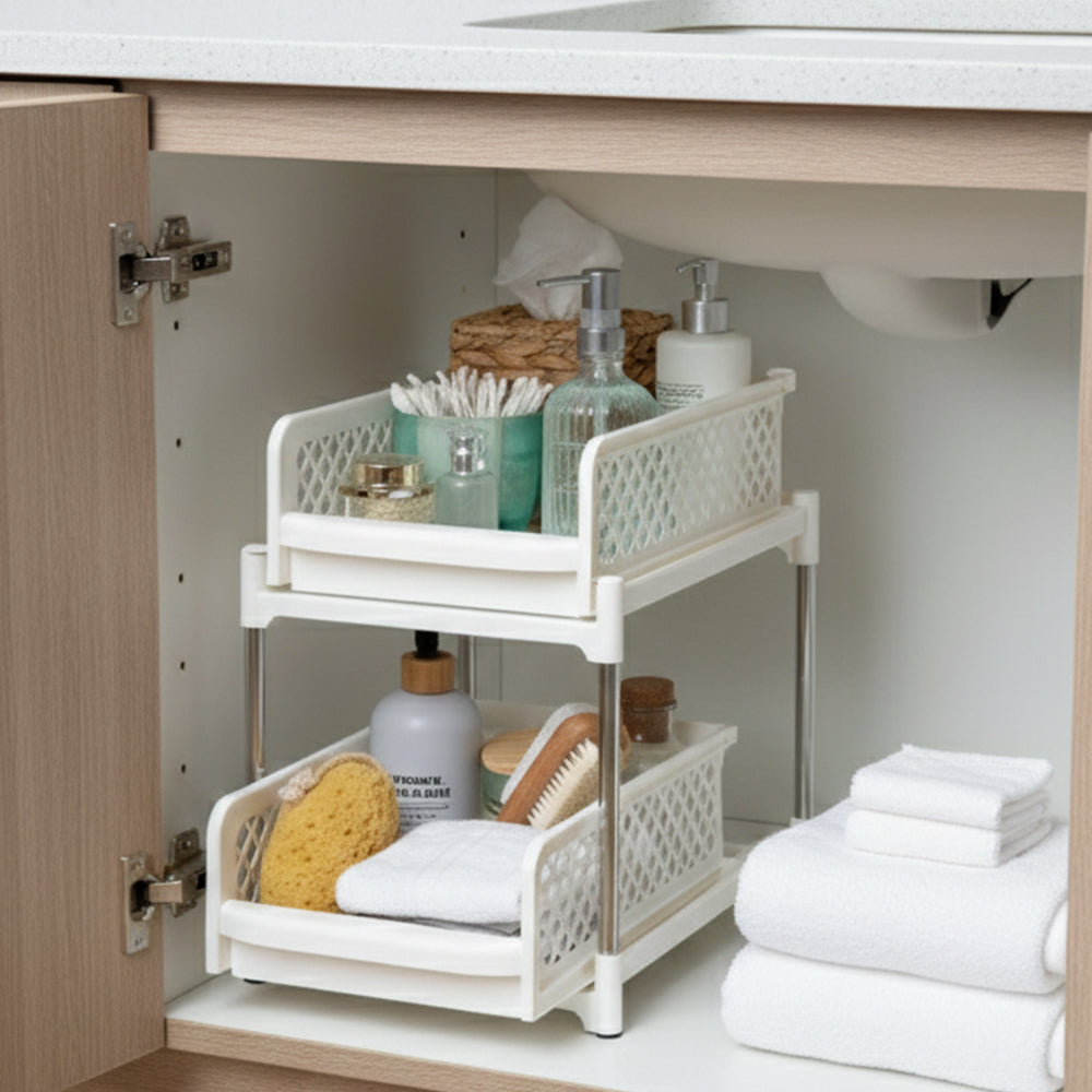Sliding Storage Drawers Pull Out Plastic Cabinet Organizer 2 Tier