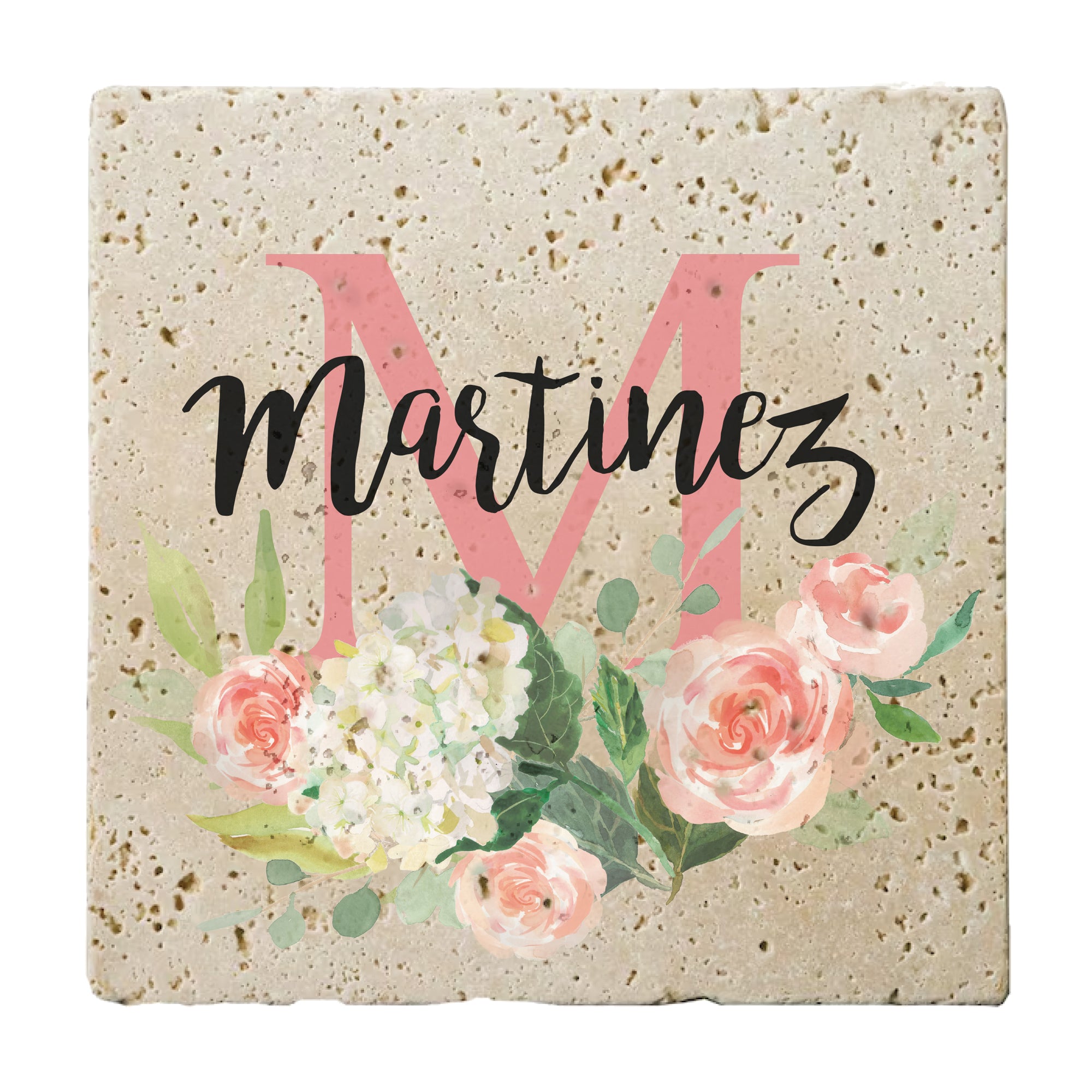 Personalized Set of 4 Peonies Floral Travertine Coasters
