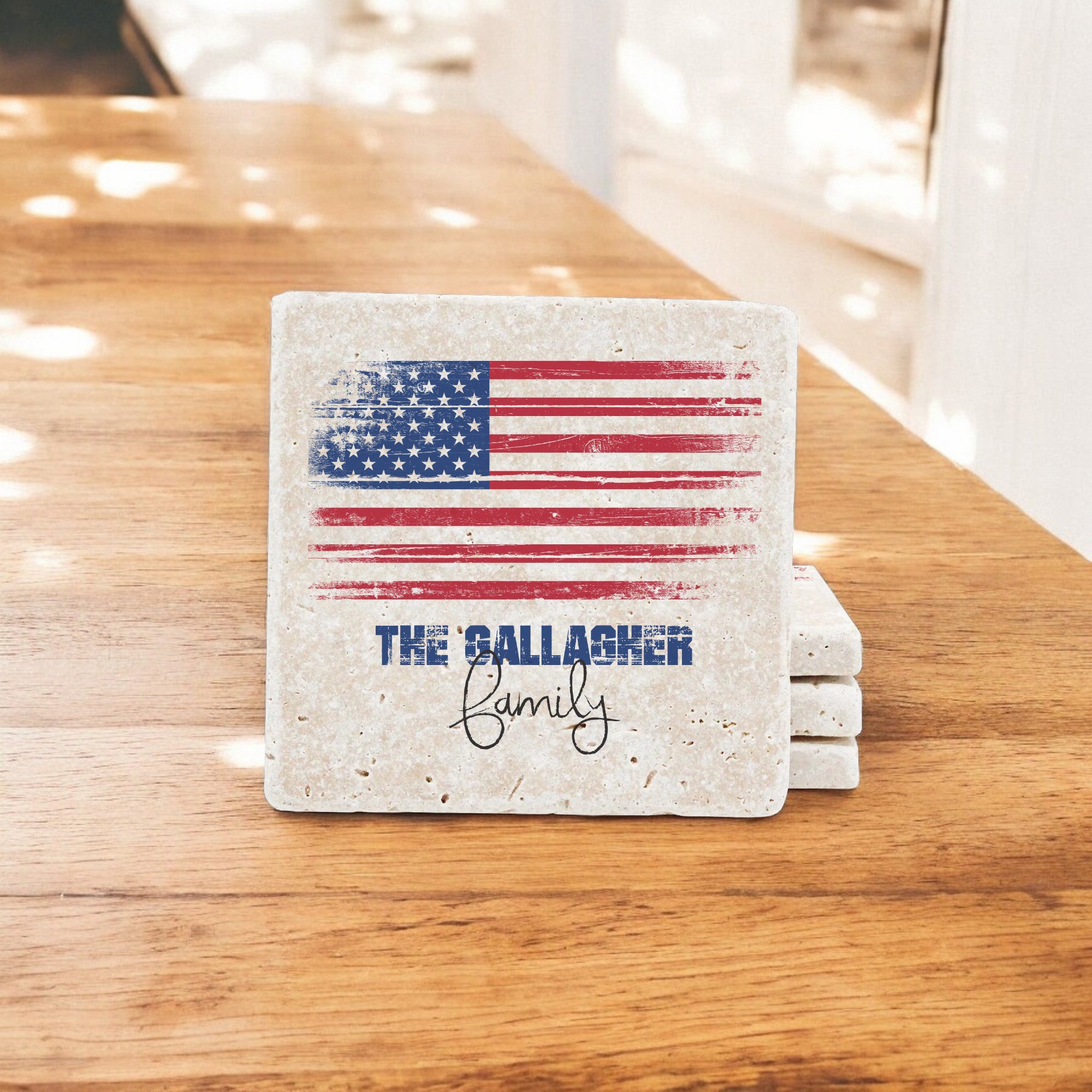 Personalized Set of 4 American Flag Travertine Coasters