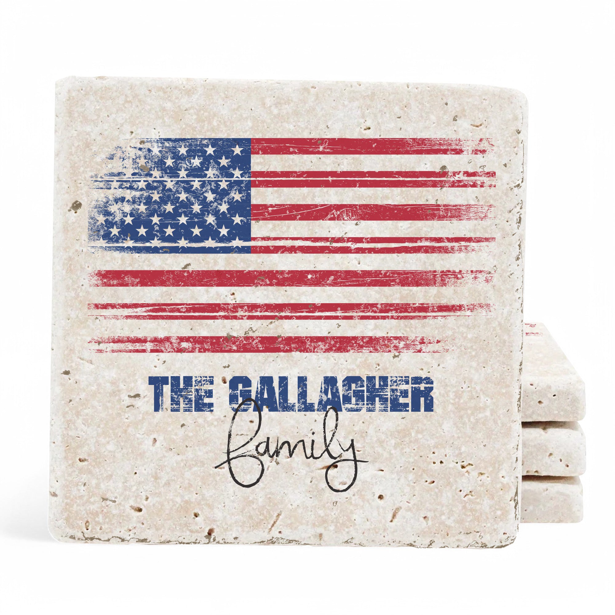 Personalized Set of 4 American Flag Travertine Coasters