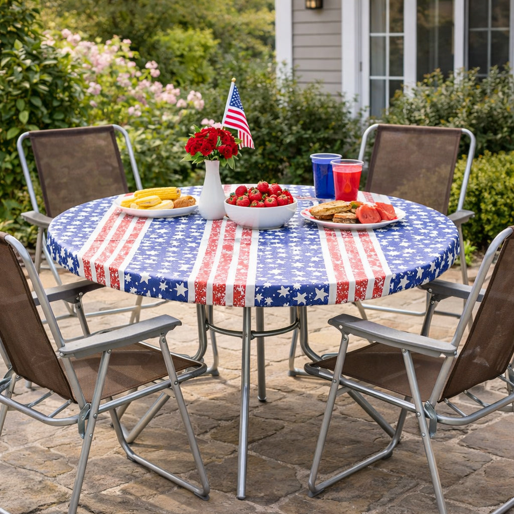 Mossy Oak Stars and Stripes Round Vinyl Easy Fit Tablecloth Fits 36"-48"