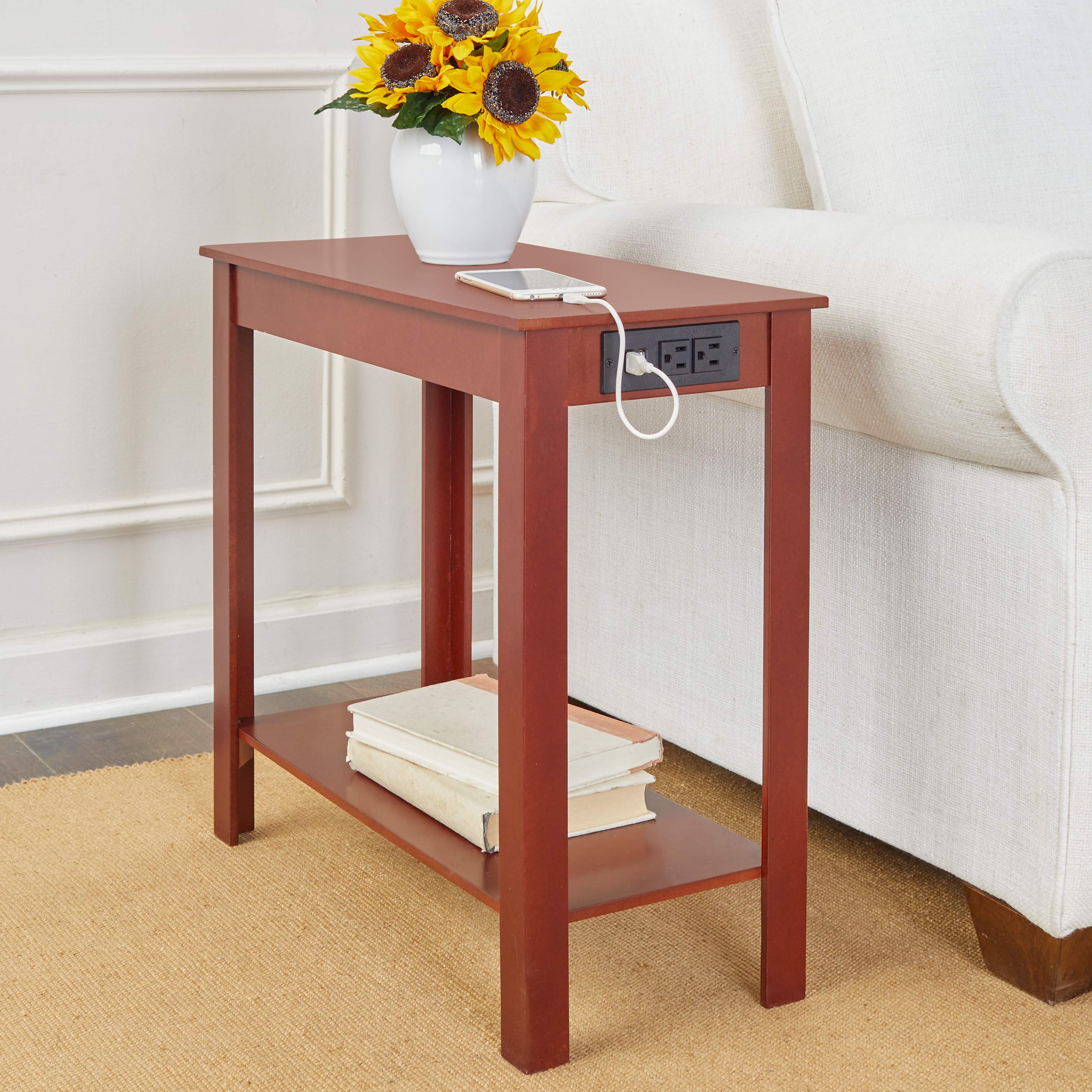 Narrow Side Table with Charging Station - USB Ports and Outlets