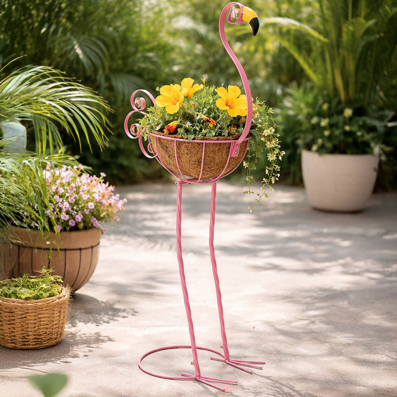 Tropical Flamingo Metal Planter Stand with Basket