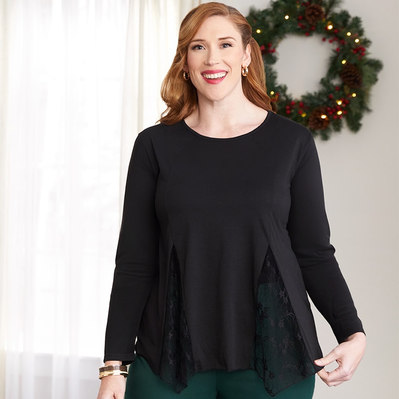 Women's Long Sleeve Tunic Top with Lace Inset