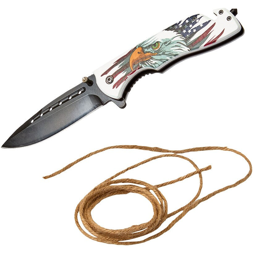 USA Eagle Rescue Liner Lock Folding Knife Pocket Clip Glass Breaker