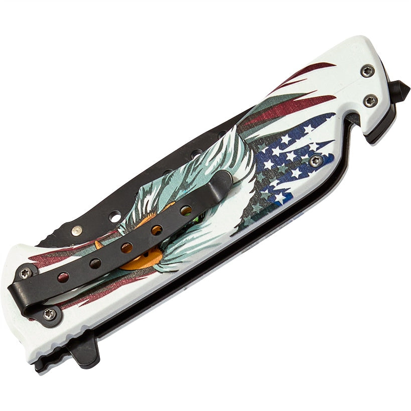 USA Eagle Rescue Liner Lock Folding Knife Pocket Clip Glass Breaker