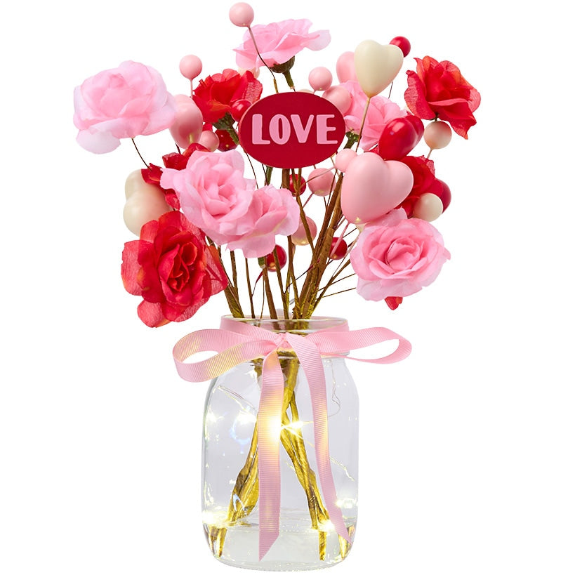 Valentine's Fairy Light Vase With Heart and Flower Bouquet