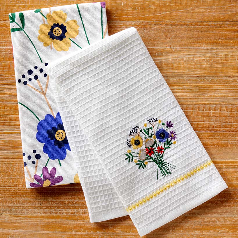 Sets of 2 Waffle Weave Floral Kitchen Towels