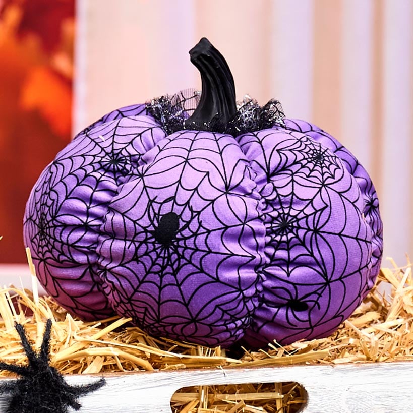 Halloween Plush Webbed Pumpkin Decor - Orange, Black, or Purple