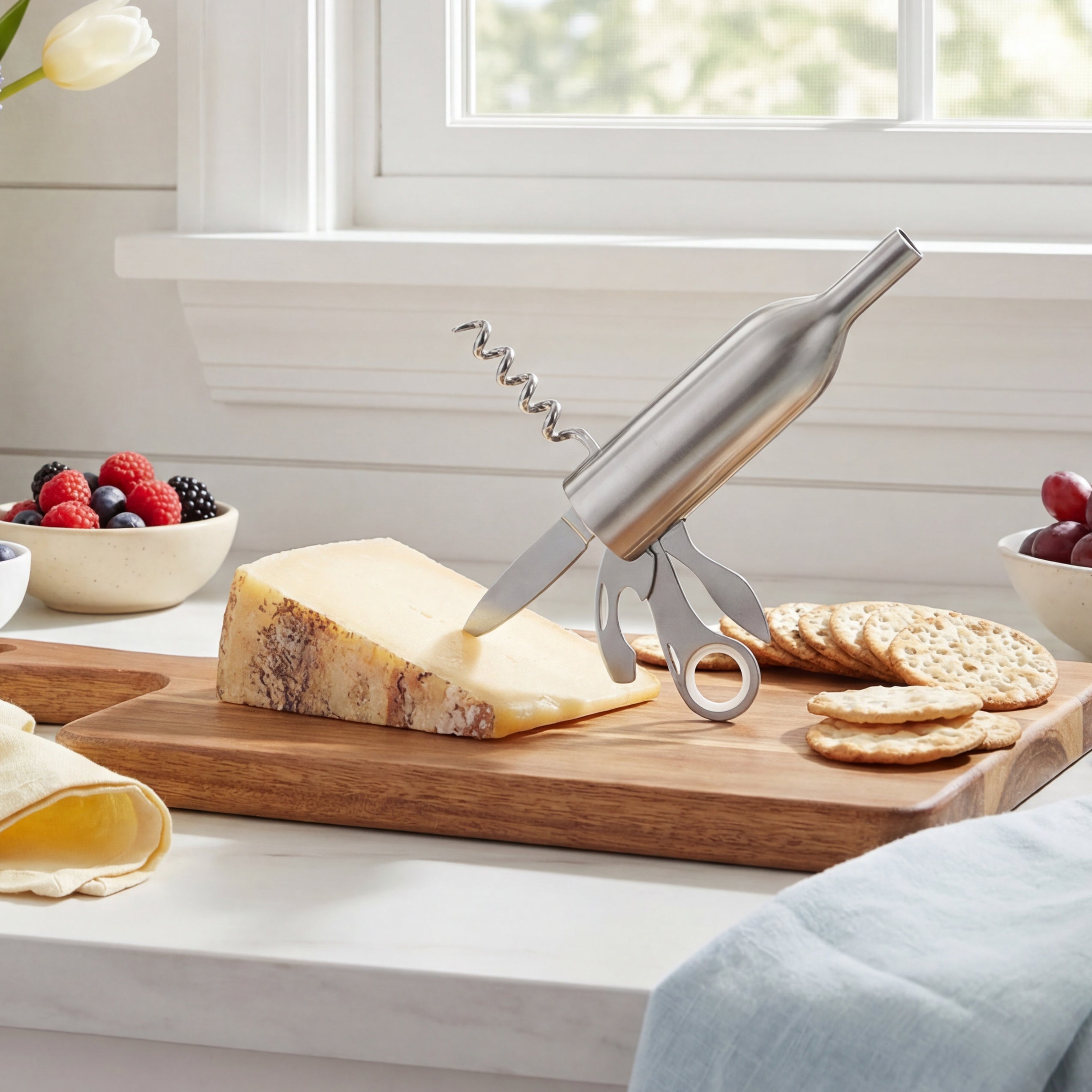 Wine Bottle Tool - Corkscrew, Cap Lifter, Magnifier, Knife, Cutter Blade