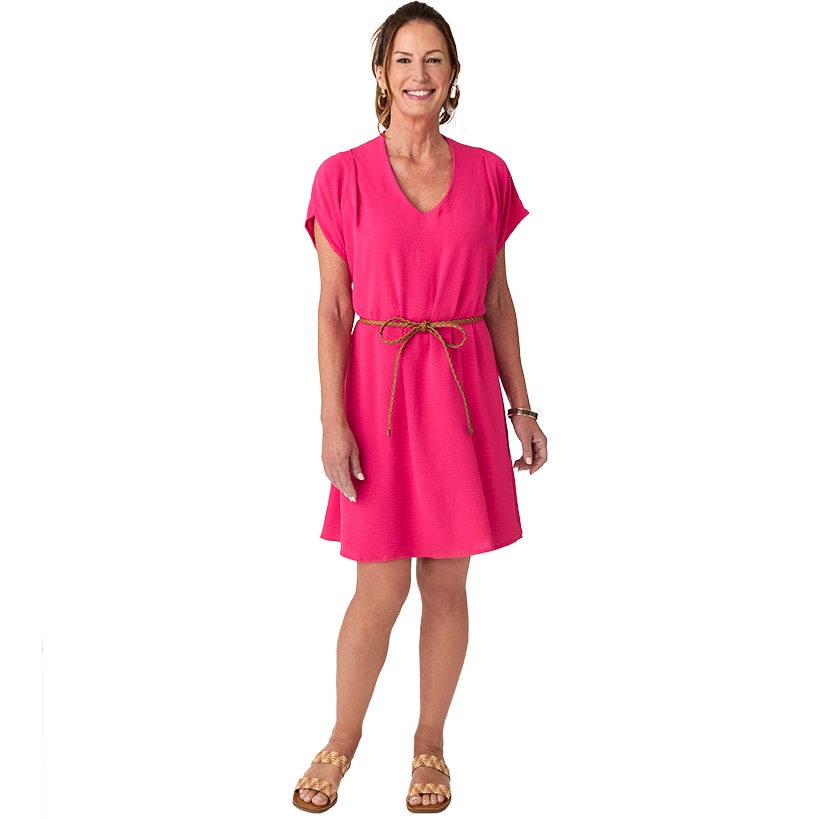 Women's Dolman V-Neck Dress with Braided Belt