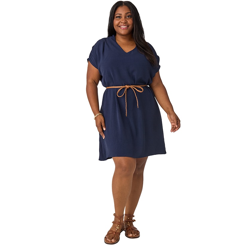 Women's Dolman V-Neck Dress with Braided Belt