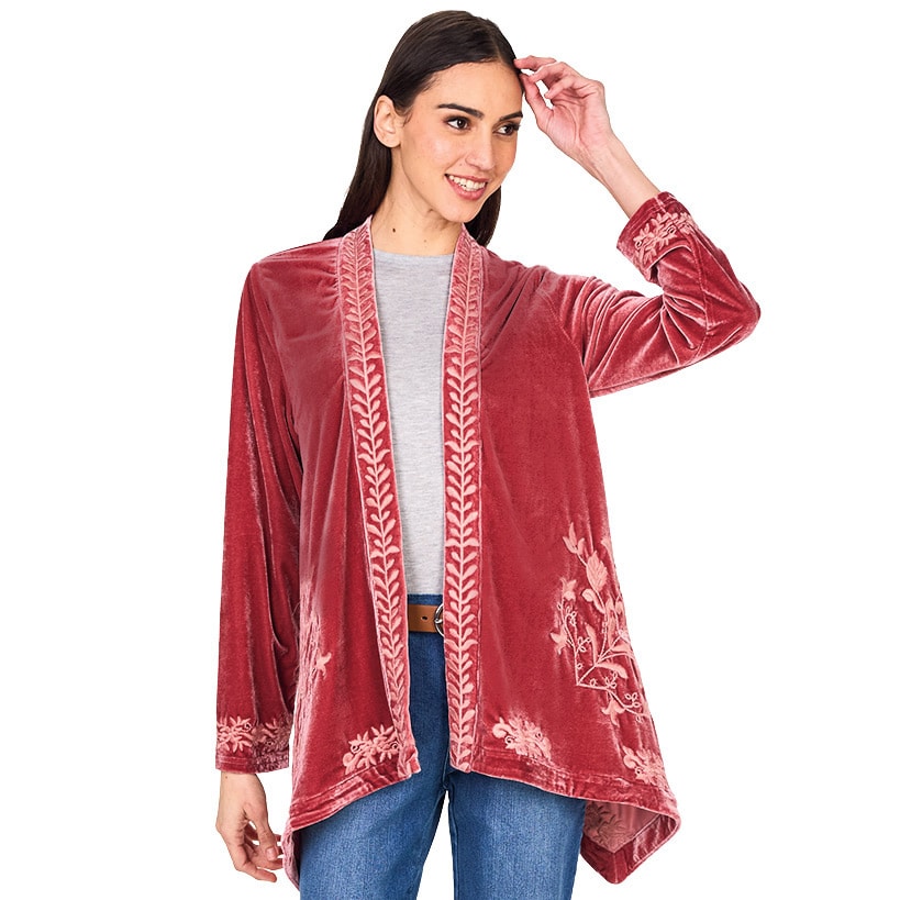 Women's Embroidered Velvet Open Front Cardigan