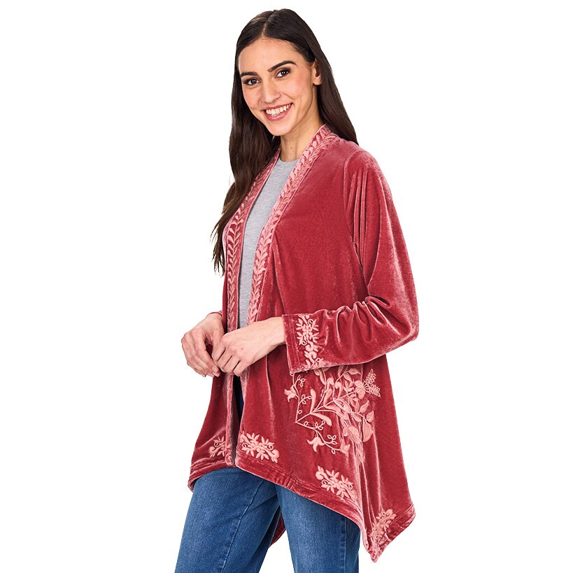 Women's Embroidered Velvet Open Front Cardigan