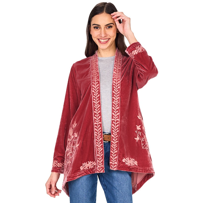 Women's Embroidered Velvet Open Front Cardigan