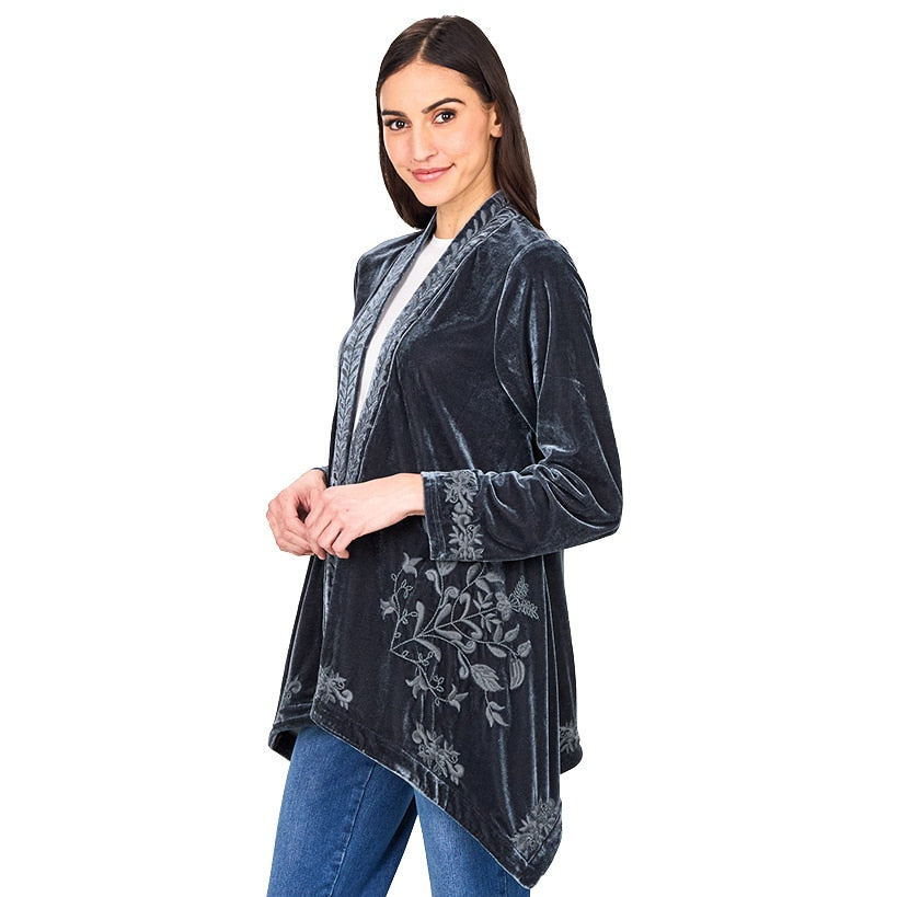 Women's Embroidered Velvet Open Front Cardigan