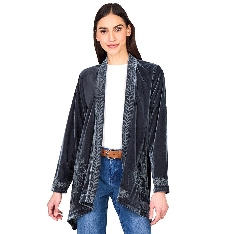 Women's Embroidered Velvet Open Front Cardigan