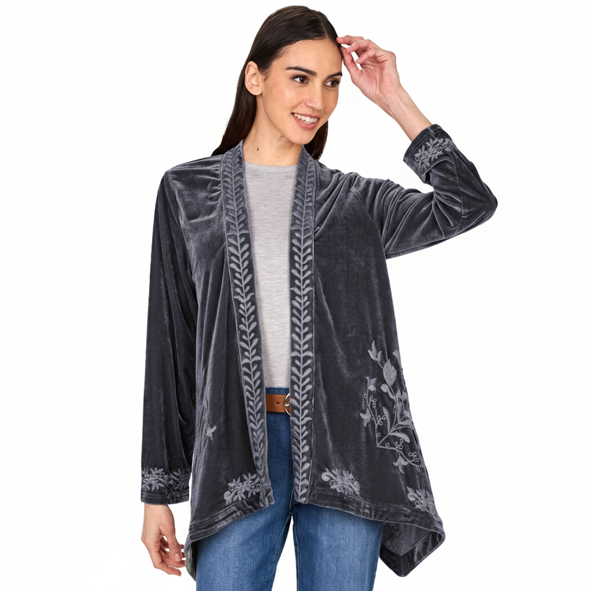Women's Embroidered Velvet Open Front Cardigan