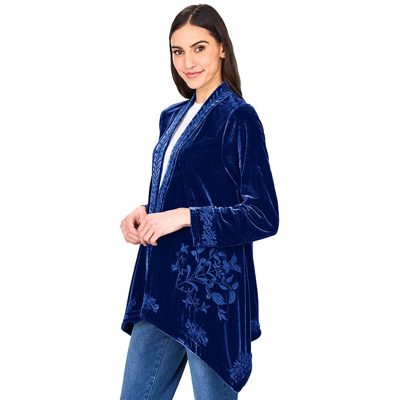 Women's Embroidered Velvet Open Front Cardigan