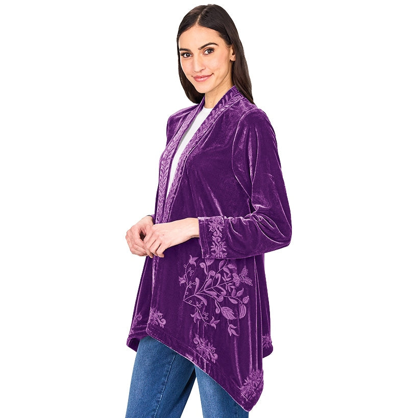 Women's Embroidered Velvet Open Front Cardigan