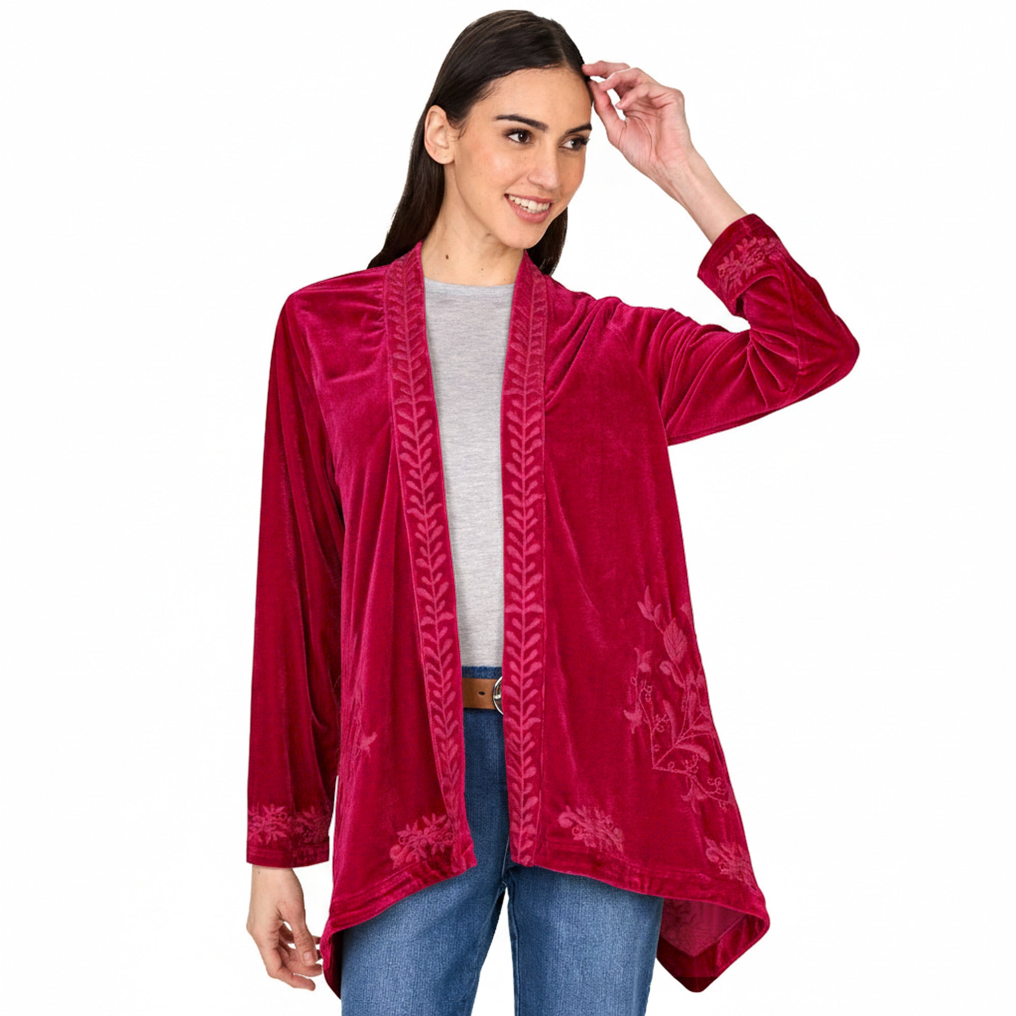 Women's Embroidered Velvet Open Front Cardigan
