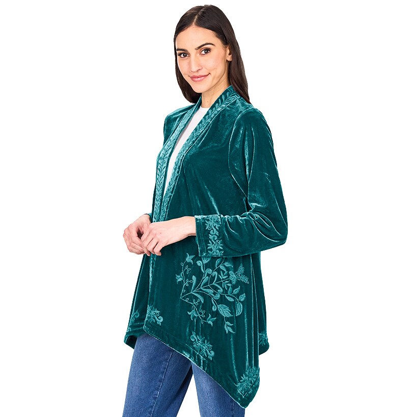 Women's Embroidered Velvet Open Front Cardigan