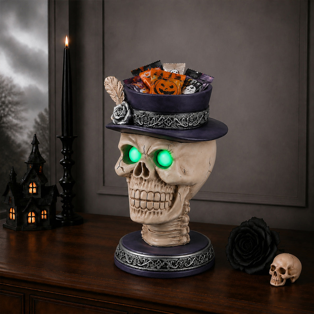 Halloween Skull Candle Holder with Glowing Green Eyes, Gothic Skeleton Head Statue with Feather Top Hat, Spooky Tabletop Decor - image 2