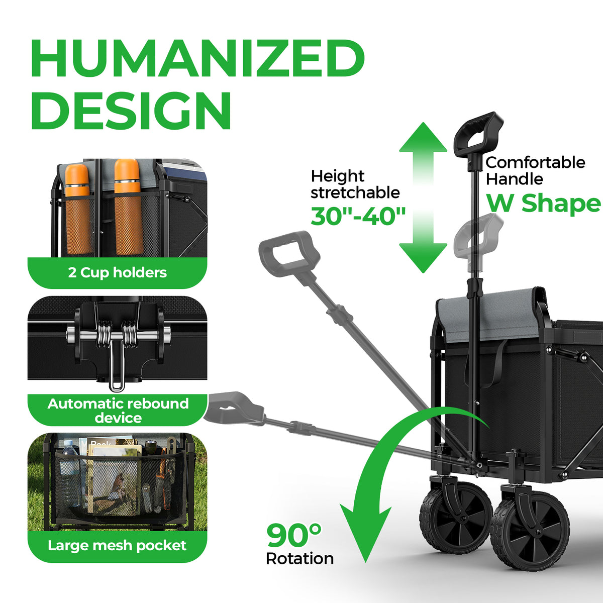 Expandable Dual-Layer Utility Wagon with 100% Extra Space - 220lbs Grocery Cart for Camping, Shopping, Sports, Gardening, Fishing, Black - image 2