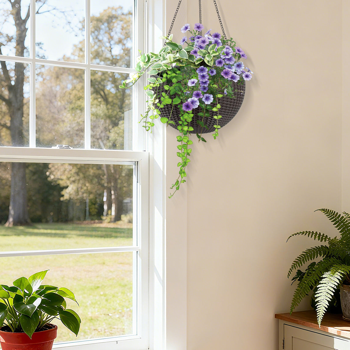 13.4 inch Self-Watering Hanging Rattan-Inspired Planter Large Capacity, Root-Rot Resistant Water Storage with Water Level Indicator, Dual-Use for Indoor & Balcony Decoration (Pack of 2, Brown) - image 11