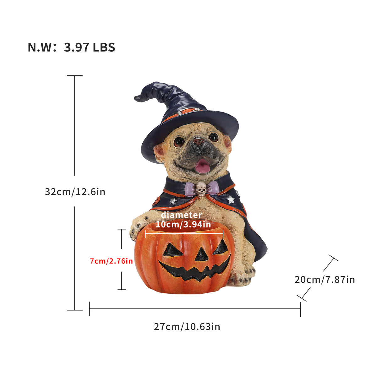 Halloween French Bulldog Witch Puppy Figurine, Cute Dog Holding Pumpkin Candy Bowl Decoration - image 3