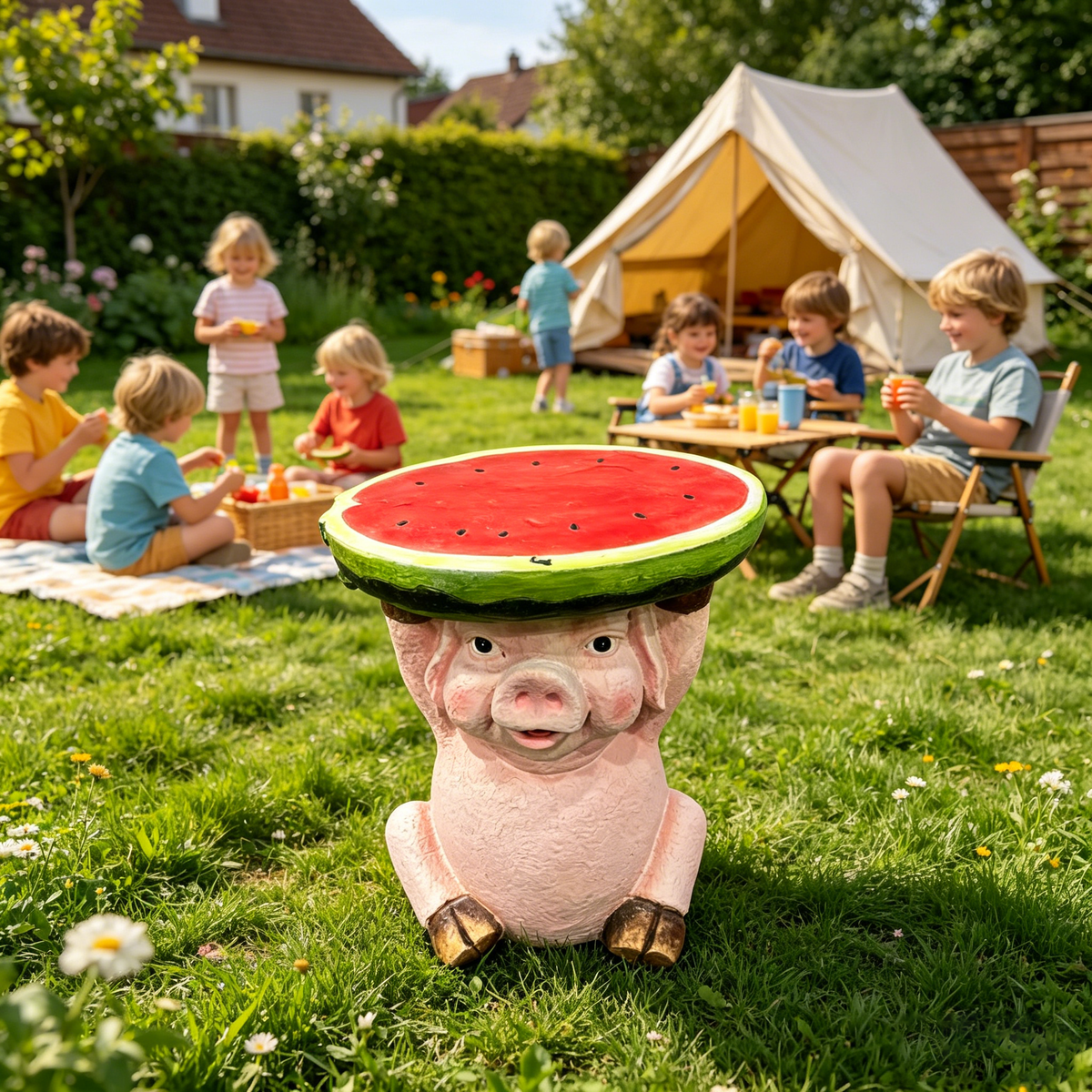 13.39" High Cute Pig Side Table, 11.34" Wide Pig with Watermelon Top, Multi-Functional Plant Stand & End Table for Home & Garden Decoration - image 9