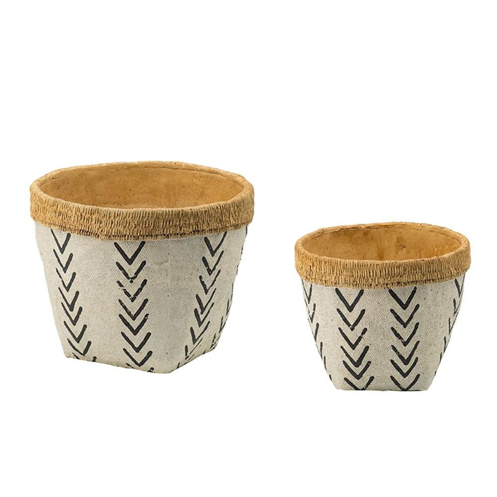 Set of 2 White and Brown Cement Planters with V Pattern, L:D10x8" S:D8x6.5" - image 2
