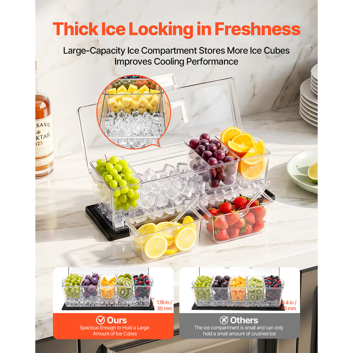 Chilled Condiment Server Caddy, 5 Compartment Ice Cooled Serving Container, Plastic Fruit Garnish Tray Platter with Lid, for Taco Salad Bar Accessories, Party Home Restaurant Supplies - image 5