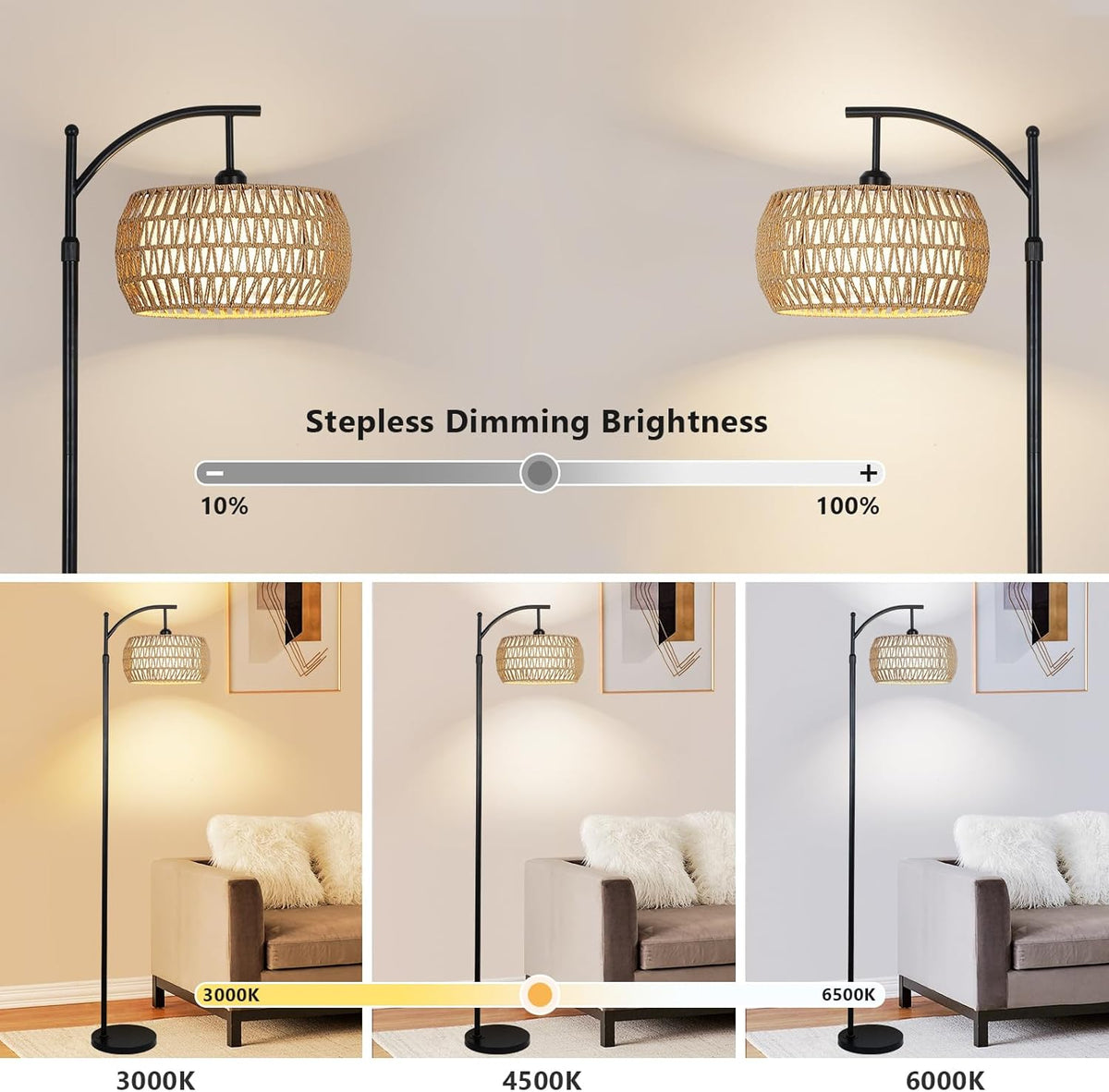 Arc Floor Lamp with Remote Control, Dimmable LED Floor Lamp with 3 Color Temperature, Black Standing Lamp with Rattan & Fabric Double Drum Shade, Boho Farmhouse Tall Pole Lamp for Living Room Bedroom - image 6