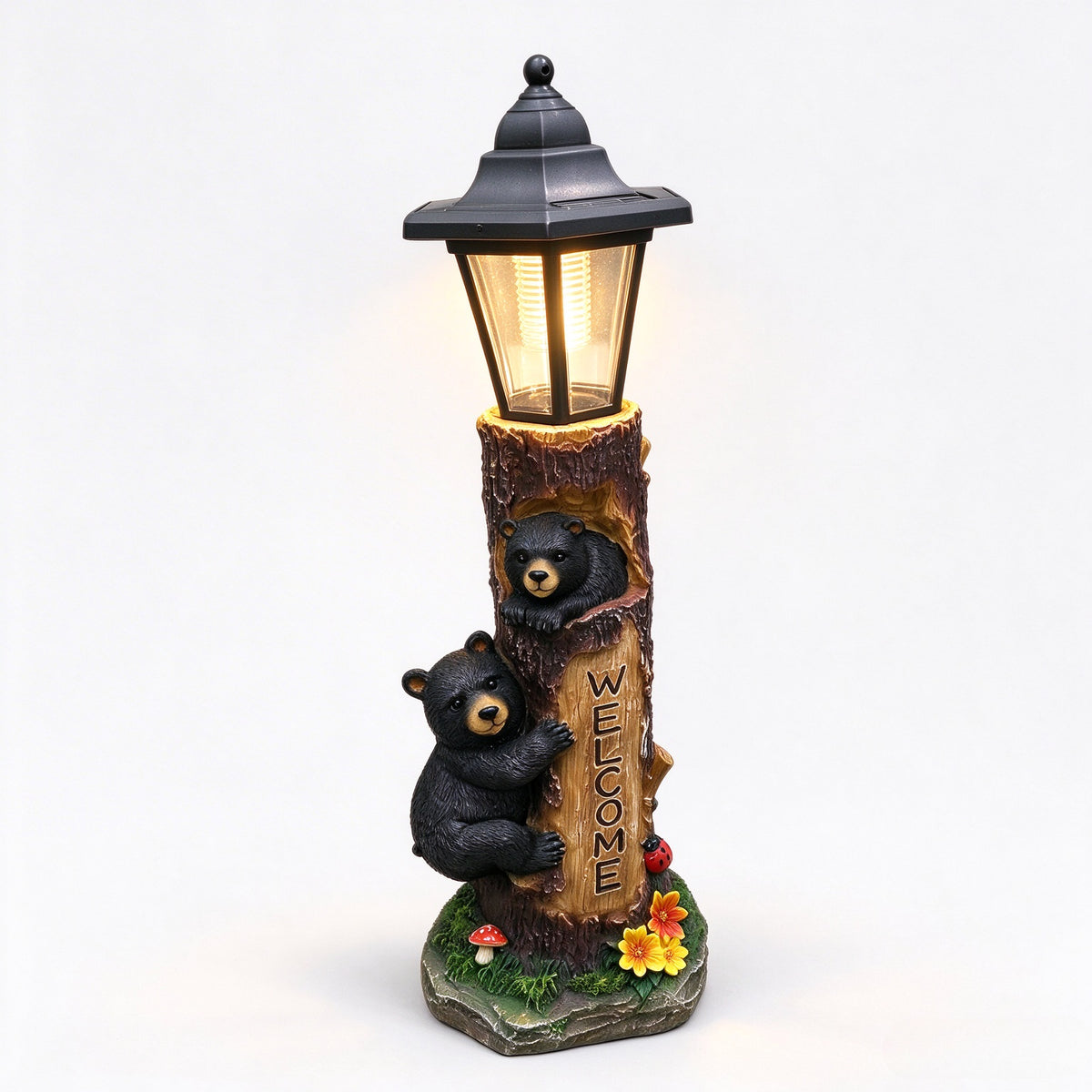 A brown bear statue welcoming guests, a garden statue with solar-powered lights, a 19-inch resin bear family in a tree, and outdoor bear decorations for courtyards, gardens, lawns, and patios. - image 13