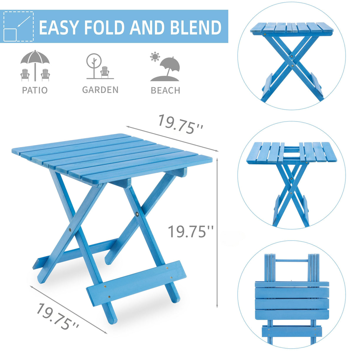 Folding Square Table Patio Outdoor solid wood Table for Backyard, Balcony, Portable Design Space-Saving Blue Color - image 5