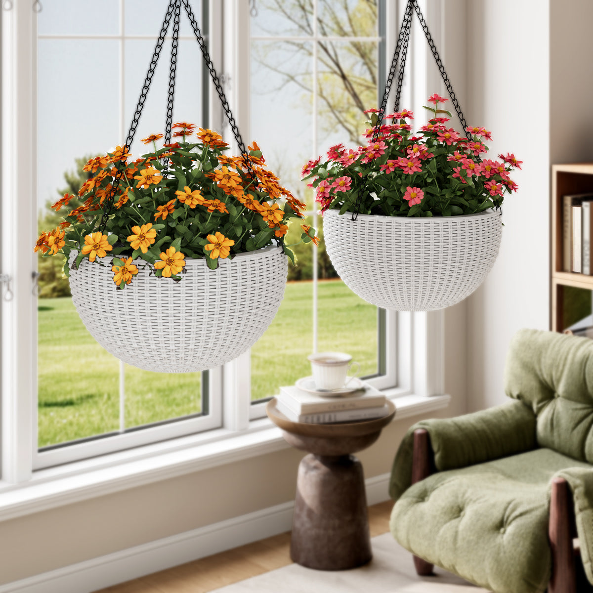 13.4 inch Self-Watering Hanging Rattan-Inspired Planter Large Capacity, Root-Rot Resistant Water Storage with Water Level Indicator, Dual-Use for Indoor & Balcony Decoration (Pack of 2, White)