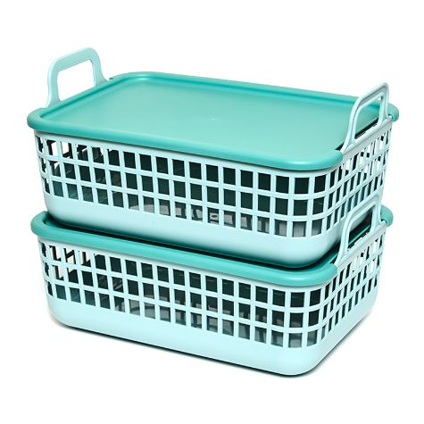 Sets of 2 Stackable Baskets with Lids - Teal