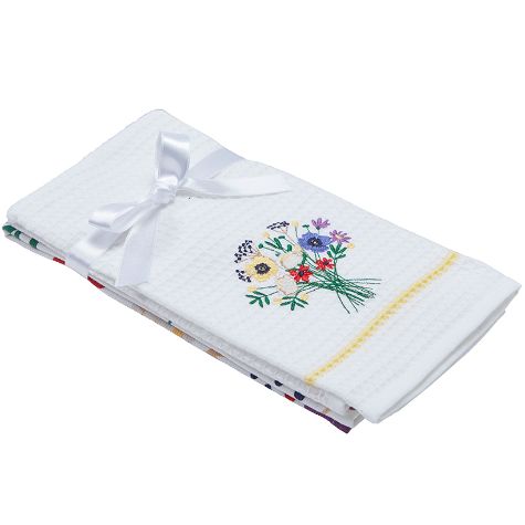 Sets of 2 Waffle Weave Floral Kitchen Towels - Assorted Bouquet