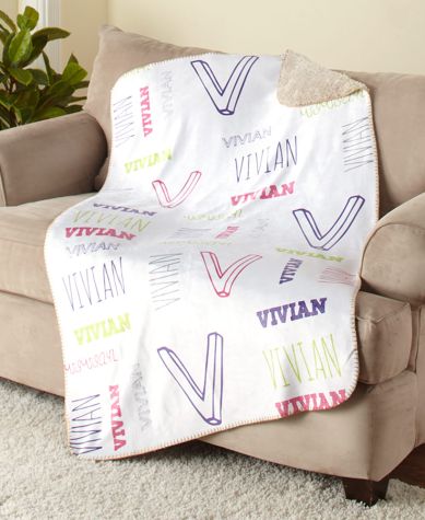 Kids' Personalized Name Art Sherpa Throws or Pillows - Purple/Pink/Green Throw