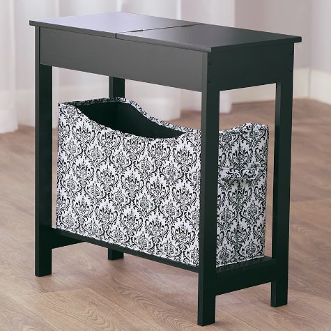 Side Table with Fashion Print Storage Bin - Black