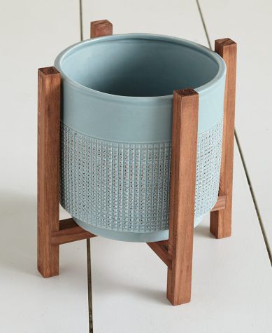 Ceramic Planter on Wood Stand - Blue