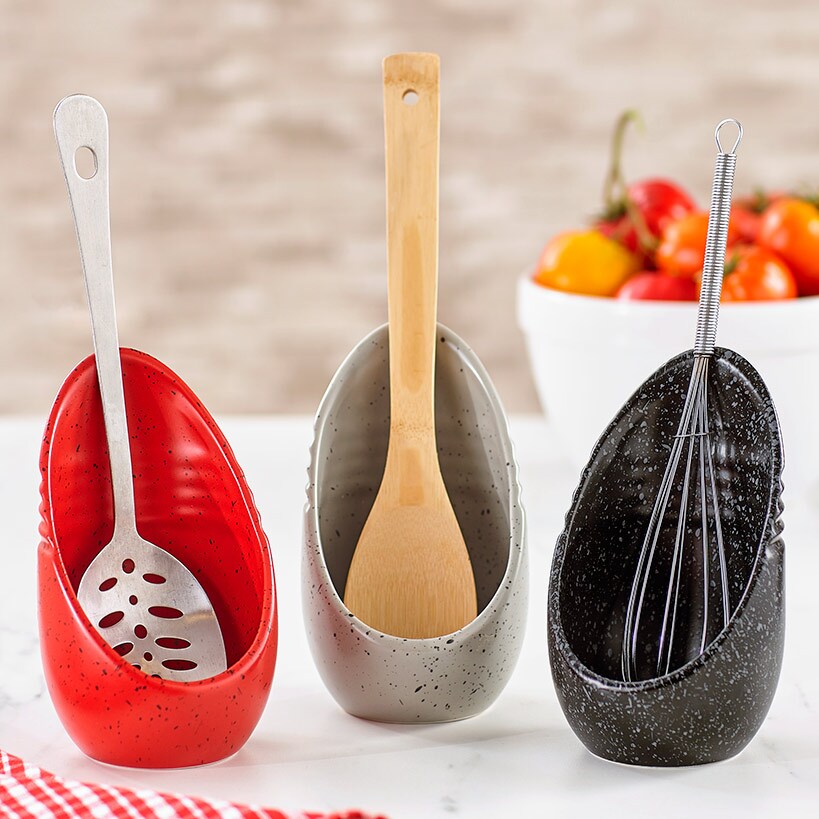Acacia Kitchen Utensils Set With Spoon Rest and Ceramic Holder Non