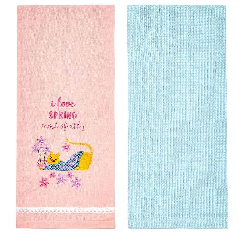 Cat Themed 16"x26" Embroidered Set of 2 Kitchen Towels - Love Spring