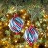 Sets of 2 Patterned Paper Ball Ornaments - Green/Blue/Pink Stripe