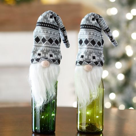Sets of 2 Lighted Santa Gnome Cork Bottle Toppers - Gray Hat
