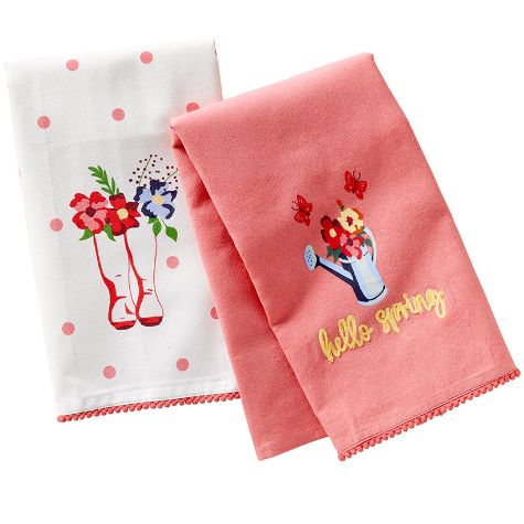 Sets of 2 Polka Dot Floral Kitchen Towels - Hello Spring