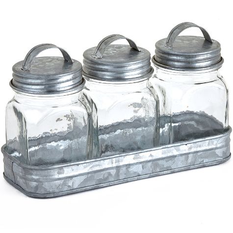 Set of 3 Glass Canisters in Galvanized Tray